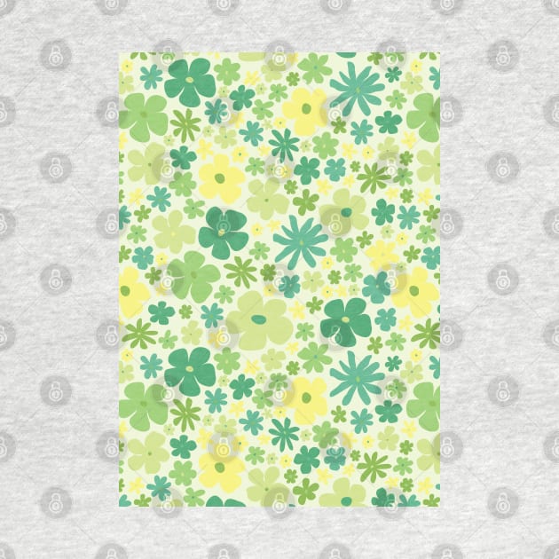 retro green florals, lime green, groovy 60s pattern, 70s flowers, green flowers, girly, for teen girl by blomastudios